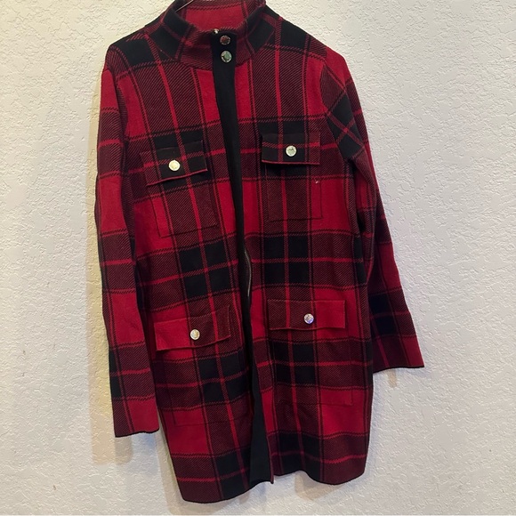 Anne Klein Jackets & Blazers - Anne Klein Medium Red & Black Buffalo Check Plaid Open Front Utility Winter Coat